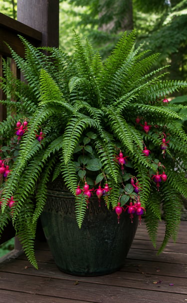 Vibrant pink fuchsia flowers and lush green Boston fern in a decorative garden planter on a wooden deck.