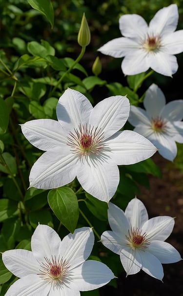 Large white clematis flowers with dark red centers blooming in a sunny garden.