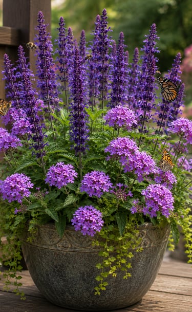 Purple salvia and verbena flowers in a ceramic planter attracting butterflies and bees on a garden patio.