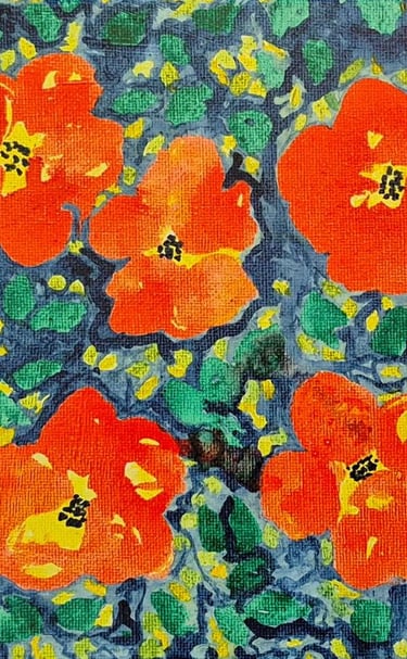 Peinture de fleurs rouges et jaunes, aux couleurs vibrantes, sur fond de feuilles et de tiges vertes