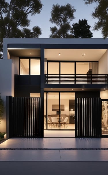 Modern corporate building with glass facades under construction at sunset