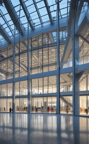 Renovated industrial office interior showcasing clean lines and updated lighting