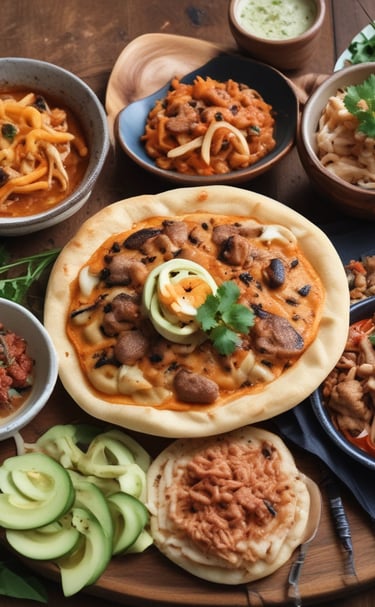 Close-up of a golden, crispy chicharron pupusa on a rustic plate.