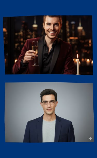 A smiling man holding a champagne flute at dinner and a man in a navy blazer wearing glasses.