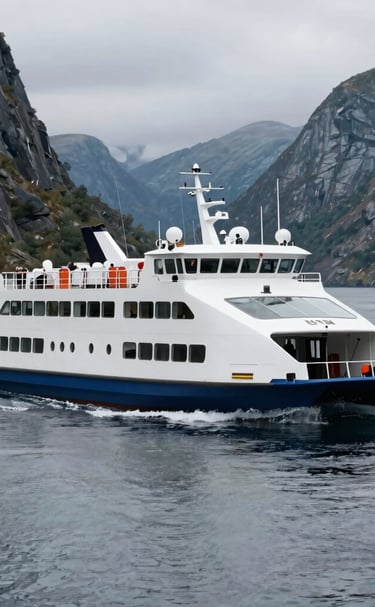 A sleek, modern battery-operated ferry gliding through calm waters