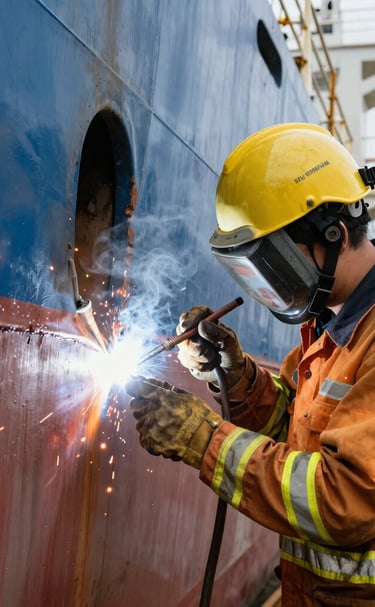 Marine engine undergoing precise overhauling in a well-lit workshop