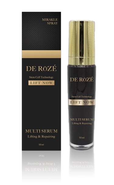 De Roze Lift Now Multi Serum bottle and box with stem cell technology for skin lifting and repairing.