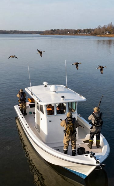 Sunrise over a misty marsh with a Carolina Skiff ready for a hunt