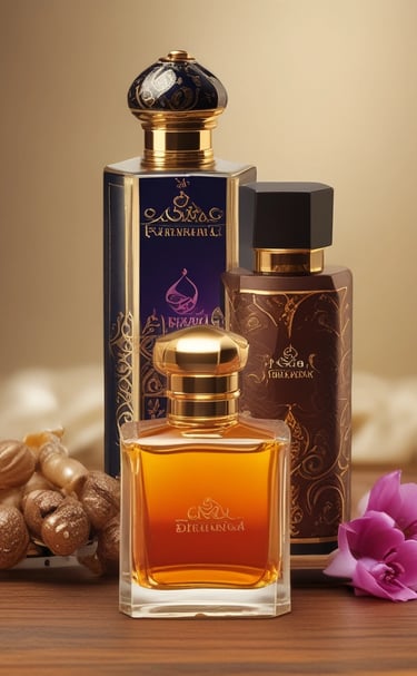 Close-up of a perfume bottle with a modern design, reflecting subtle light on a dark surface.