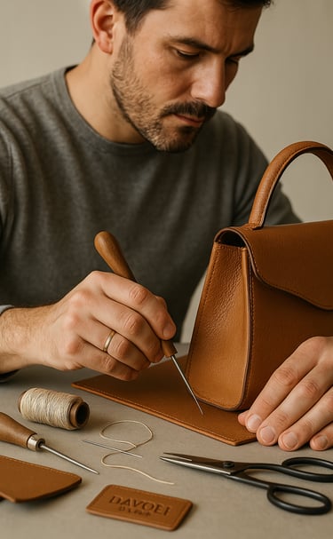 a man is making a leather handbag