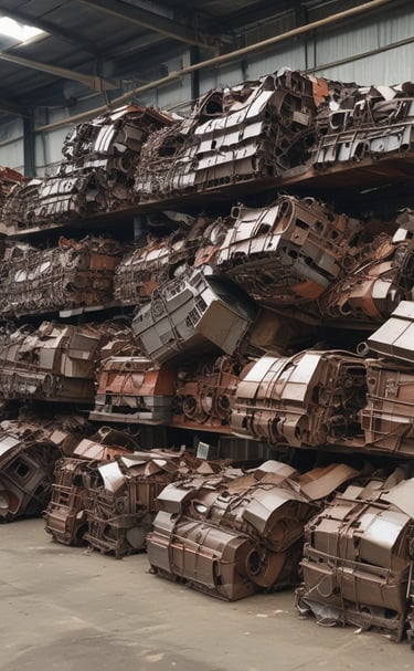 A row of cars is parked closely together in a lot, with some appearing to be missing tires, indicating a scrapyard or salvage yard setting. The cars are positioned in front of a large, corrugated metal building. Some trunks are open, and a transmission or automotive part lies on the ground.