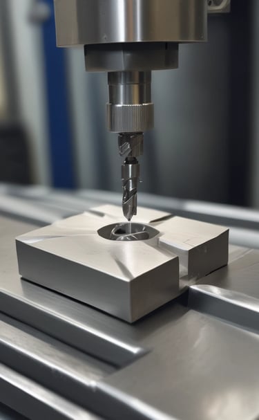 A close-up view of a metallic machine part with a prominent cylindrical feature. The surface is dark and glossy, with visible welds and textural details on the surrounding metal.