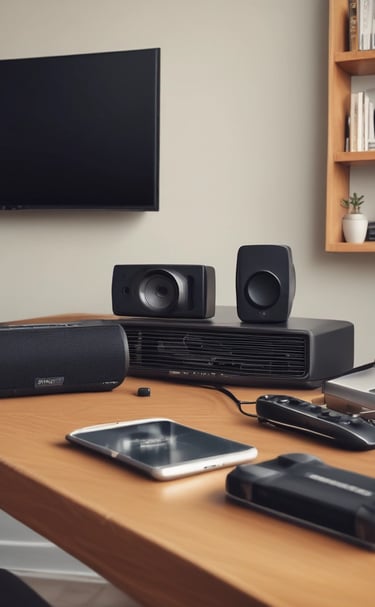 a table with a bunch of electronics and a remote control