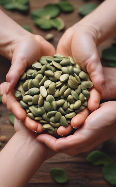Two open hands hold a collection of various seeds and nuts of different sizes and colors. The background shows a dirt ground with some leaves scattered around. The person wearing multiple bracelets on their wrists.