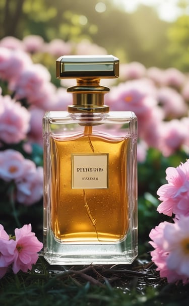 A gold-colored perfume bottle with a prominent logo is placed on a soft pink background, flanked by sprigs of lavender and clusters of dried pink flowers.