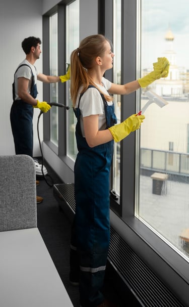 a woman and a man cleaning a window with a vacuum