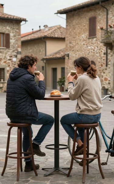 Cyclist riding along a sunlit trail with rolling hills and sea in the background.