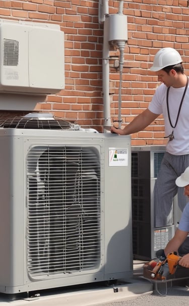 Technician fixing a sleek air conditioner unit on a sunny day.