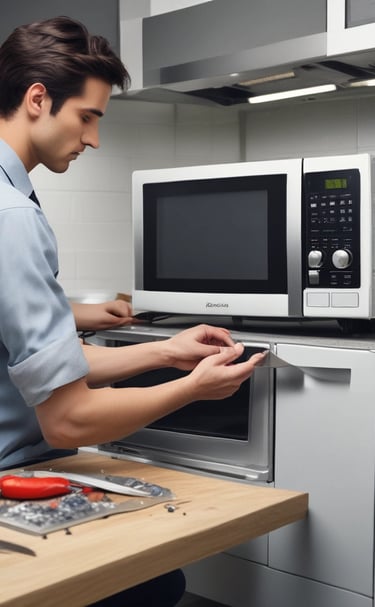 Microwave oven interior being carefully cleaned and repaired.