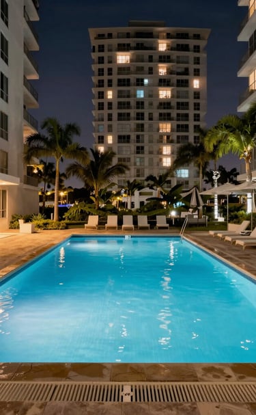 A panoramic view of a private Miami rooftop terrace with stylish seating and ocean views.