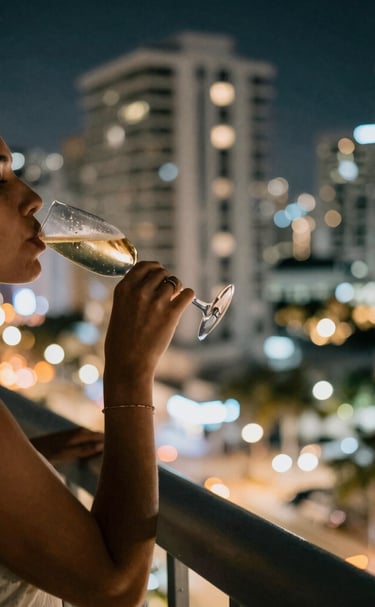 Close-up of a polished steering wheel inside a luxury car, reflecting the city skyline.