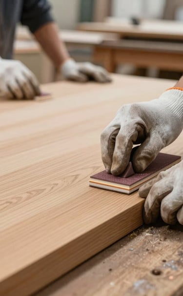 Close-up of a craftsman’s hands carefully carving smooth wood edges on a minimalist furniture piece.