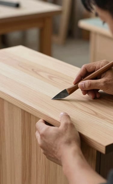 A craftsman applying a delicate finish to a custom-made chair, highlighting meticulous attention to detail.