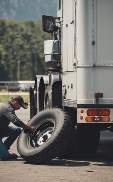 A mobile tire service van with red, white, and black branding parked outside a home.