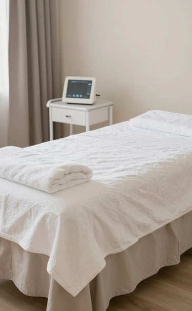 Bright, airy treatment room with soft pastel decor and a comfortable massage table.