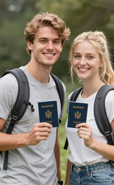 A cheerful team photo of the pasaportea staff surrounded by colorful balloons and travel brochures.