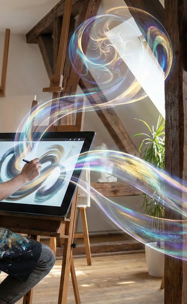 a man sitting on a stool in front of a painting
