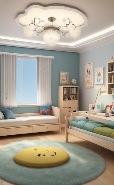 A child's room decorated with animal-themed bedding and wooden toys.