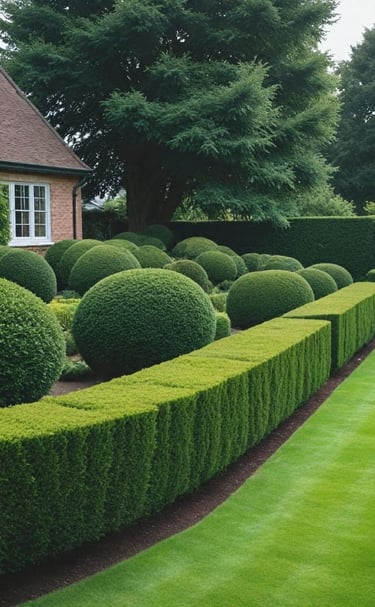 English formal garden featuring manicured boxwood topiary spheres and a straight green hedge.