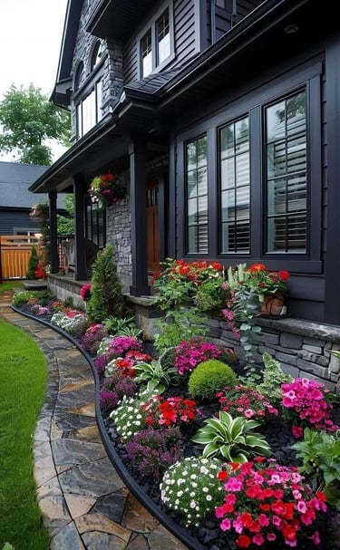 Modern black house exterior with a stone walkway and colorful flower garden landscaping.
