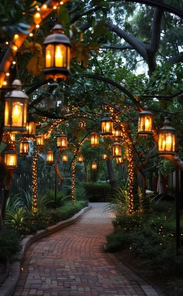 Brick garden pathway illuminated by hanging lanterns and fairy lights under a tree canopy at night.