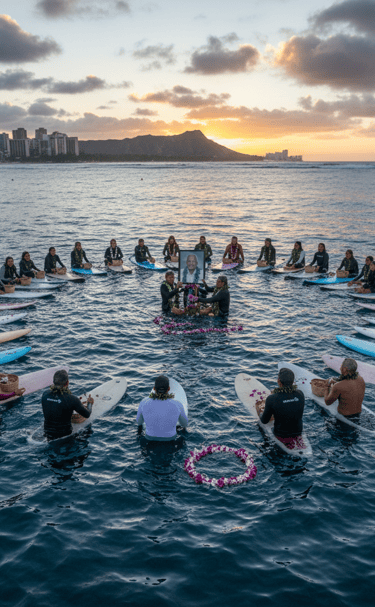 Surfers paddle out for a memorial ceremony in a circle at Waikiki Beach during sunset.