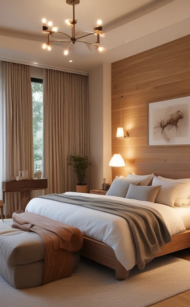 Serene bedroom with warm lighting, natural wood furniture, and layered linens.