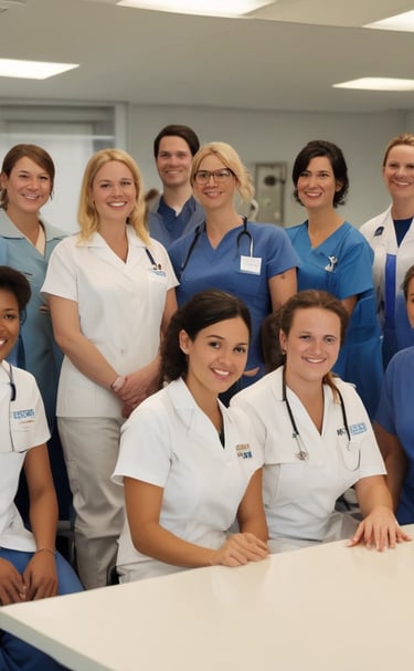 A group photo of ject health inc healthcare professionals smiling together in a hospital lobby.