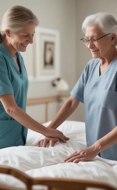 A ject health inc professional checking medical equipment with focused care in a patient room.