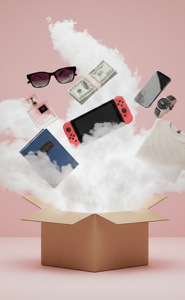 dėžė su iš jos skrendančiais įvairiais daiktais