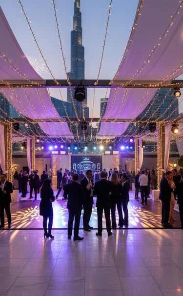 Elegant outdoor event in Dubai featuring a canopy with fairy lights and Burj Khalifa views.