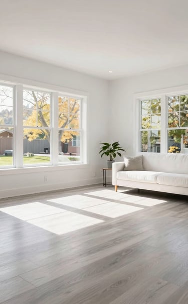 Freshly painted living room with crisp white walls and blueprint blue accents.