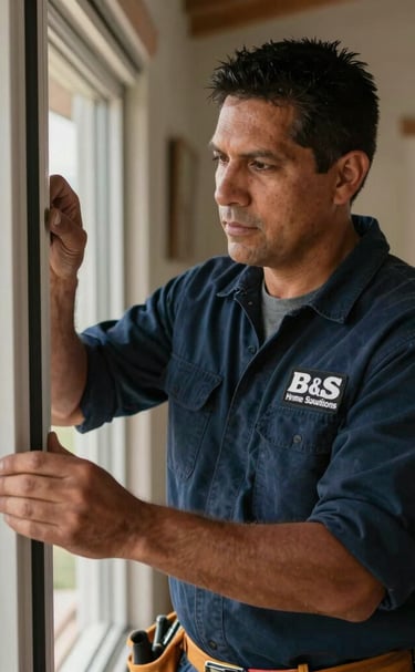 A handyman carefully fitting new windows in a cozy Littleton home.