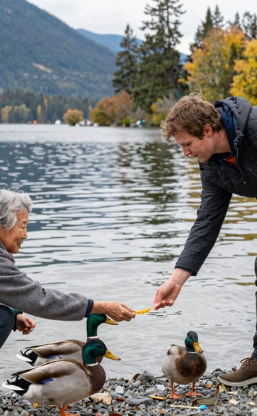 A registered social worker sharing a warm smile during a walk-and-talk session with an elderly woman in a leafy neighborhood.