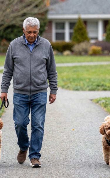 An elderly man walking two brown poodle dogs on leashes in a public park path.