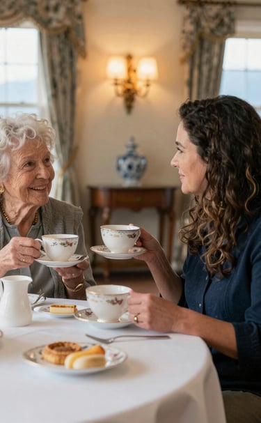 A cozy living room scene where an RSW and an elderly client laugh together over a cup of tea.