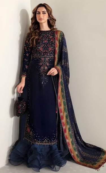 Elegant navy blue embroidered salwar kameez with floral patterns, ruffled trousers, and a sequined dupatta.