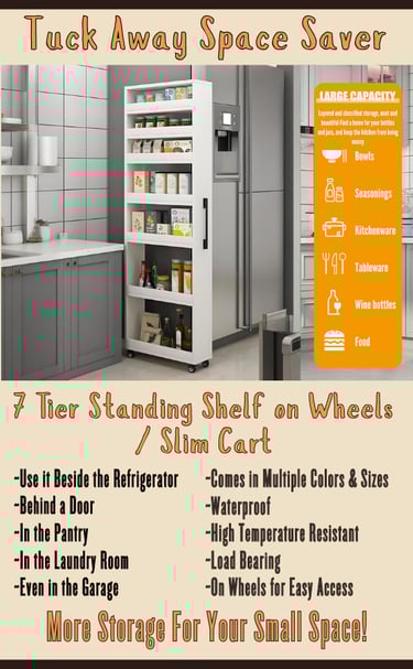 7 Tier Standing Shelf on Wheels Slim Cart Storage