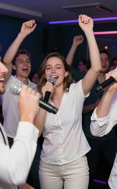 A vibrant bar scene with people dancing and singing mid-performance in Chicago's nightlife.