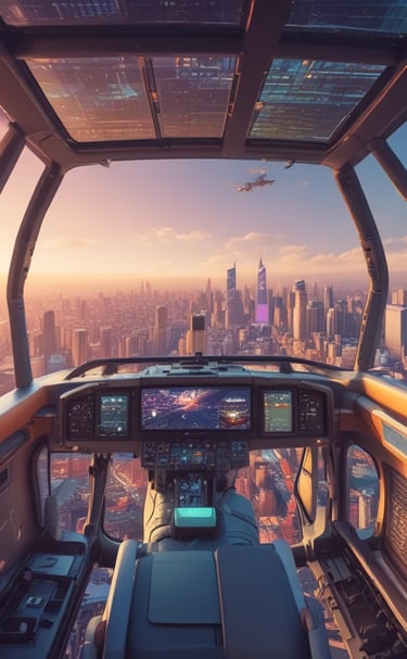 A driverless shuttle smoothly navigating a bustling urban intersection under glowing streetlights.